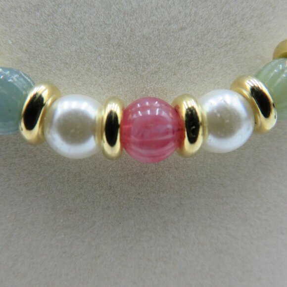 Beaded Necklace Faux Pearl Glass Carved Beads Multicolor Gold Tone Spacers Oval - Picture 2 of 13